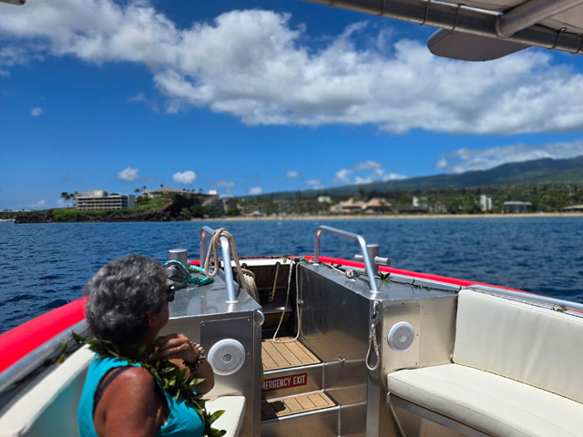 Visitors enjoying an ocean tour from the boat with a scenic island coastline in the background Visitors enjoying an ocean tour from the boat with a scenic island coastline in the background